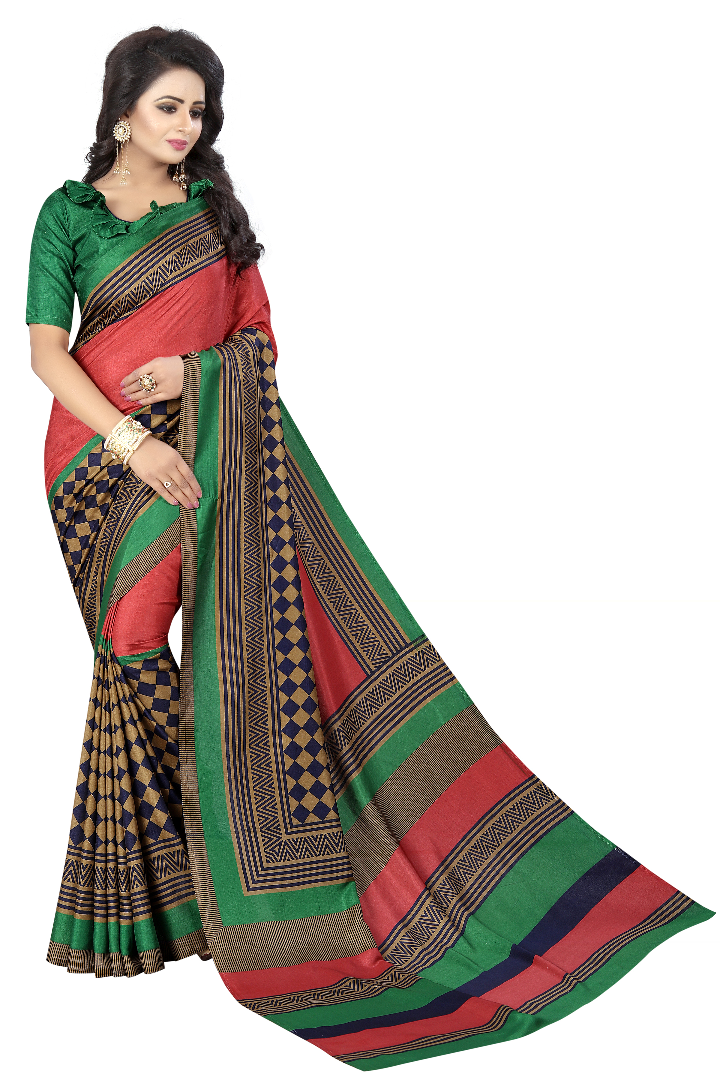 Maalgudi Silk Saree - Art Silk, 5.5 Mtr Length, 0.8 Mtr Blouse, Golden Peacock, Gopala Blue, Greeny Checks, Printed Pattern, All Seasons Style