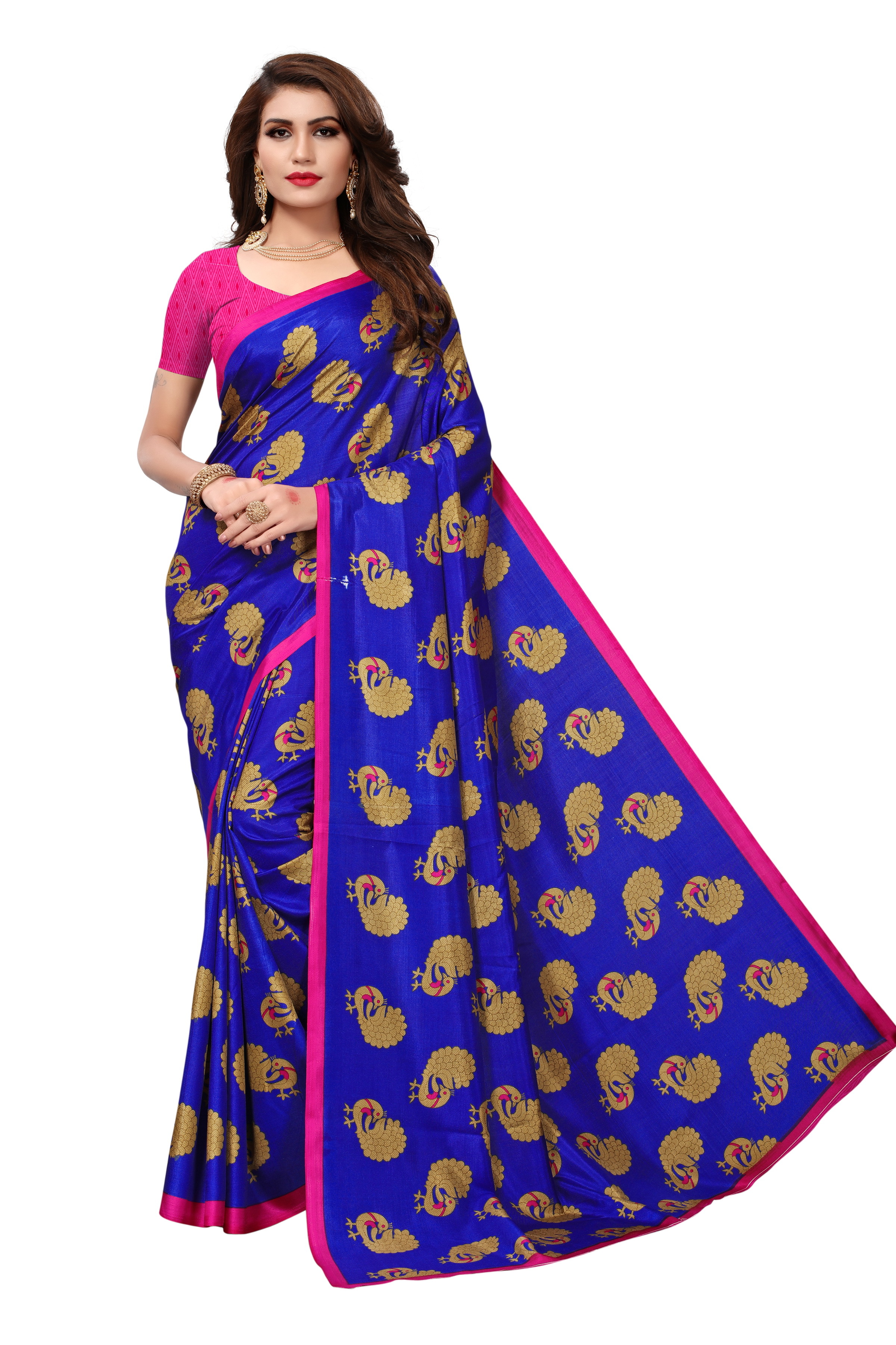 Maalgudi Silk Saree - Art Silk, 5.5 Mtr Length, 0.8 Mtr Blouse, Golden Peacock, Gopala Blue, Greeny Checks, Printed Pattern, All Seasons Style
