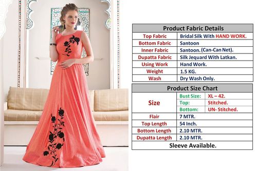 Party Wear Gowns - Satin Silk, Size M 38 Inch Bust, 57 Inch Length, Sleeveless, Hand Work Design