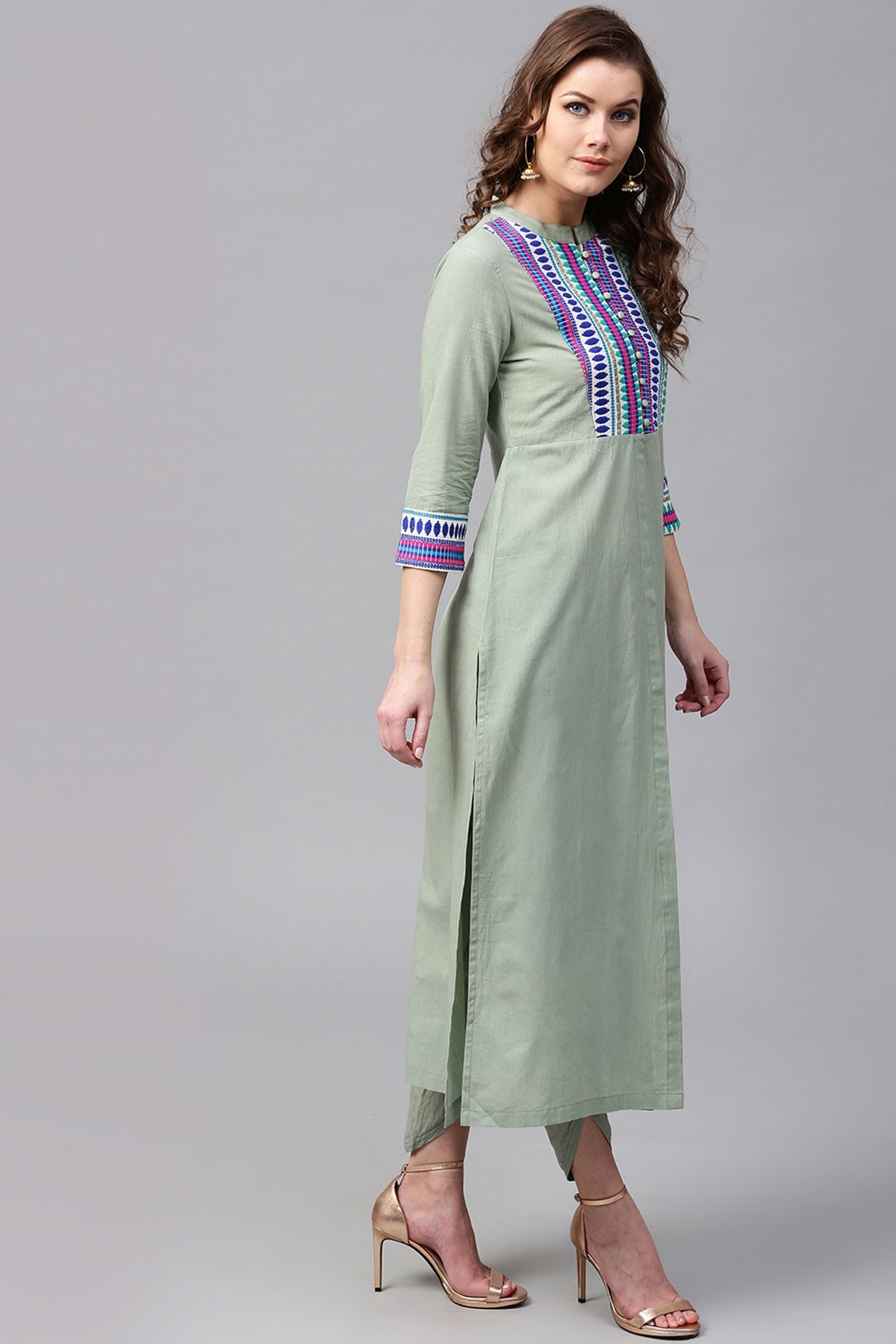 Olive Jacquard Yoke Straight Kurta - 100% Cotton, Sizes S-xxl, Green Color, 3/4th Sleeves, Mandarin Collar, Front Slit, Calf Length, A Line Hemline