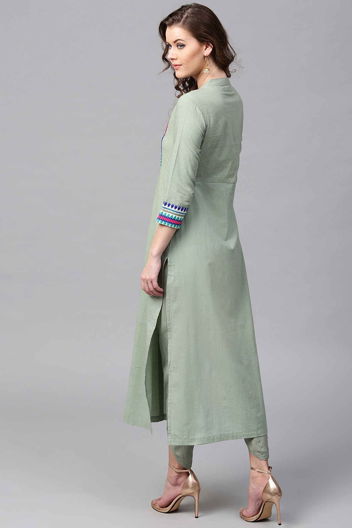 Olive Jacquard Yoke Straight Kurta - 100% Cotton, Sizes S-xxl, Green Color, 3/4th Sleeves, Mandarin Collar, Front Slit, Calf Length, A Line Hemline