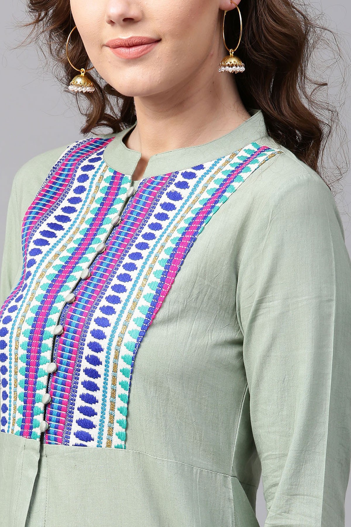 Olive Jacquard Yoke Straight Kurta - 100% Cotton, Sizes S-xxl, Green Color, 3/4th Sleeves, Mandarin Collar, Front Slit, Calf Length, A Line Hemline