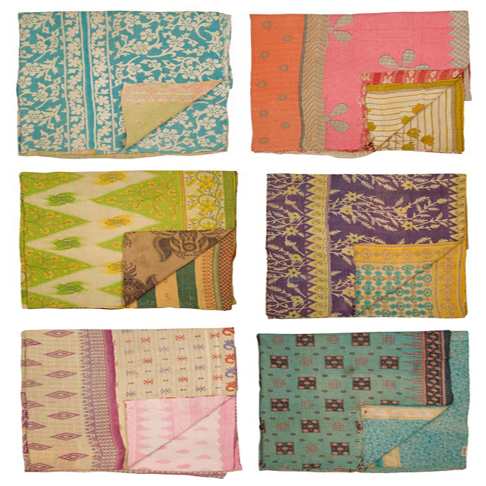 Multi Color Saree Silk Vintage Kantha Reusable Patchwork Quilt