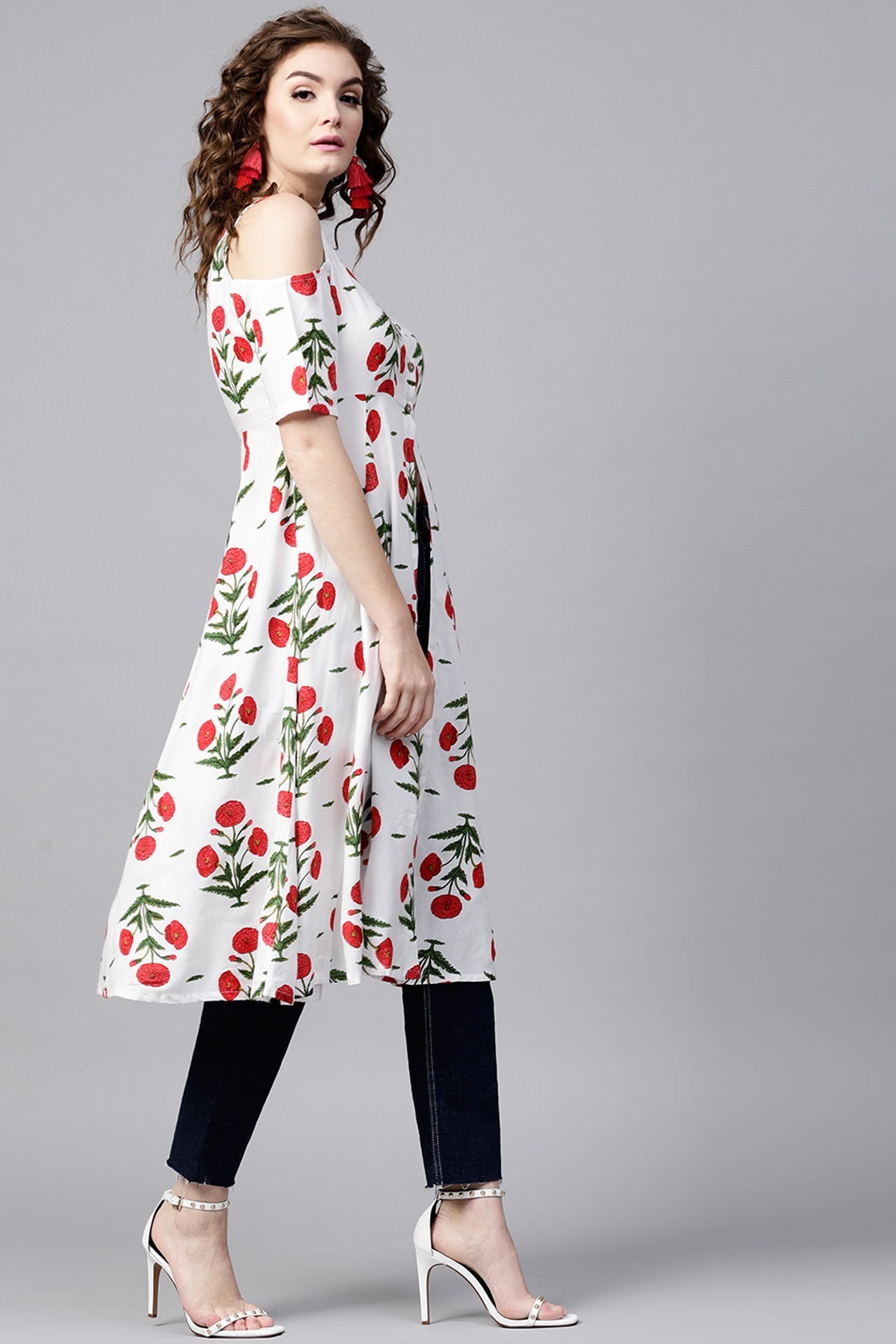 Off White Floral Cold Shoulder Front Open Kurta - 100% Rayon, Ankle Length, Xs-xxl Sizes, Button Closure, Unlined, Short Sleeves, Fit & Flare