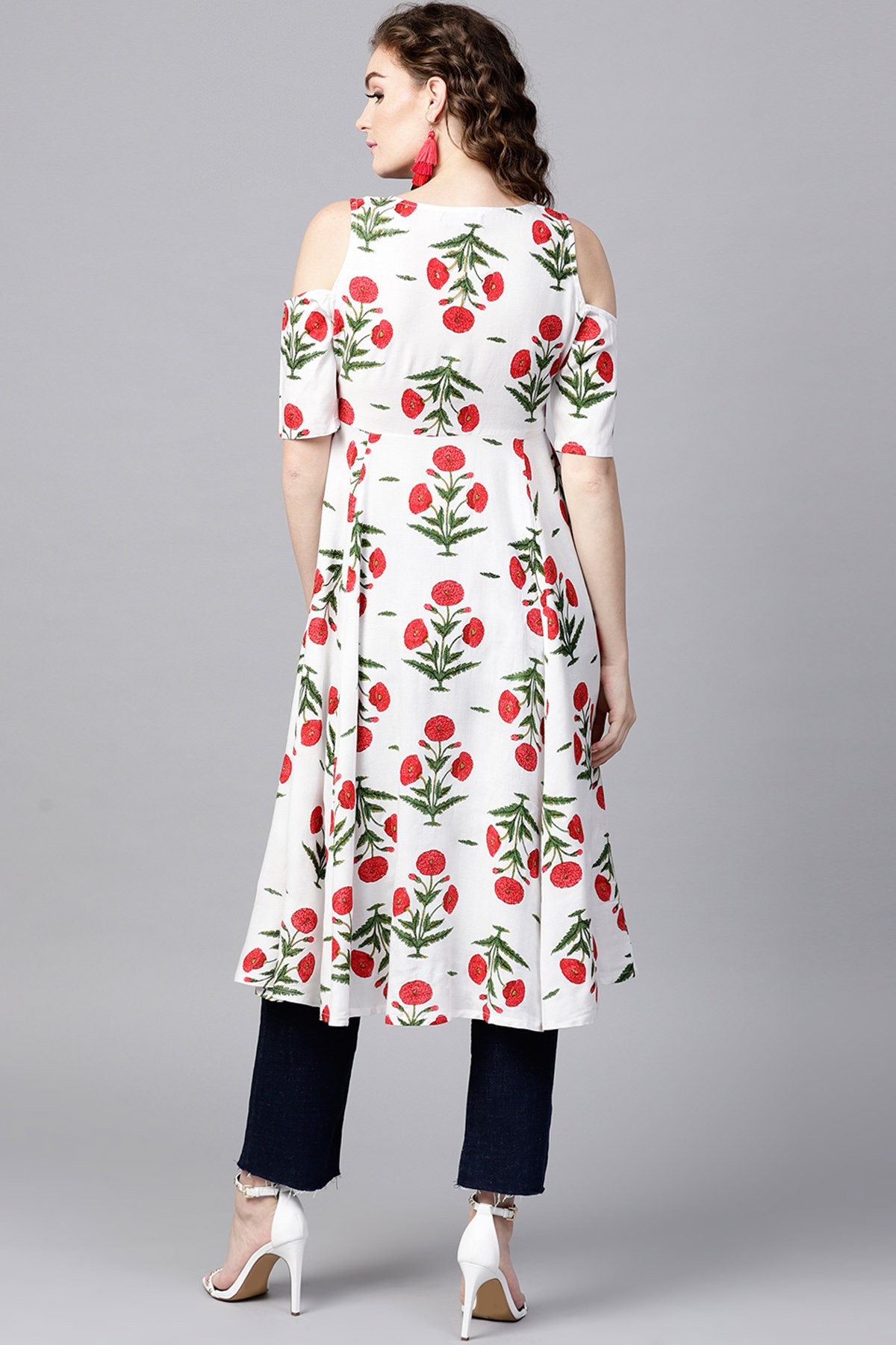 Off White Floral Cold Shoulder Front Open Kurta - 100% Rayon, Ankle Length, Xs-xxl Sizes, Button Closure, Unlined, Short Sleeves, Fit & Flare