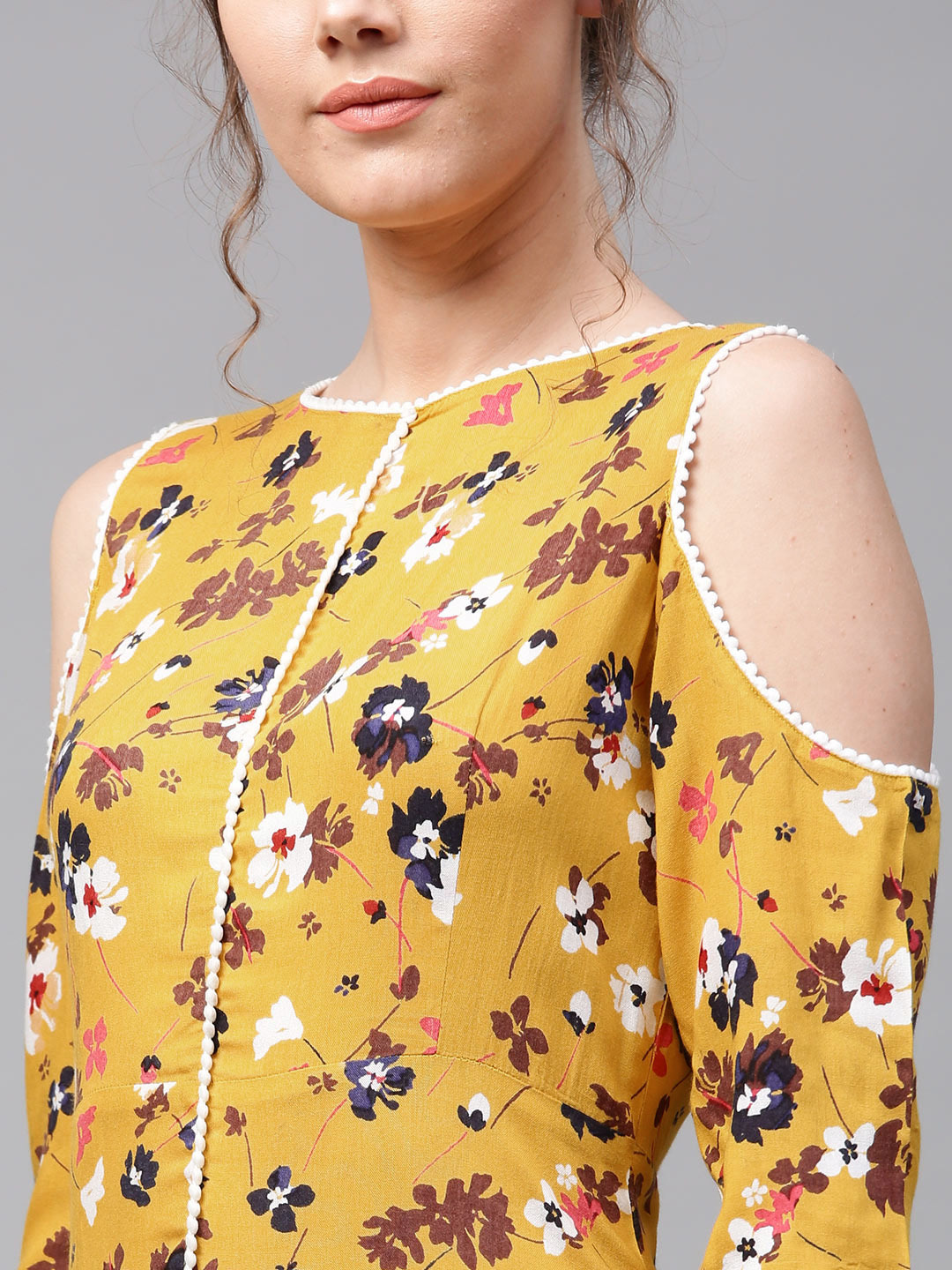 Mustard Floral Handkerchief Hem Kurta - Rayon, Calf Length, 3/4th Sleeves, Fit And Flare, Side Zipper, Unlined, Asymmetrical Hemline, Contrast Lace Piping