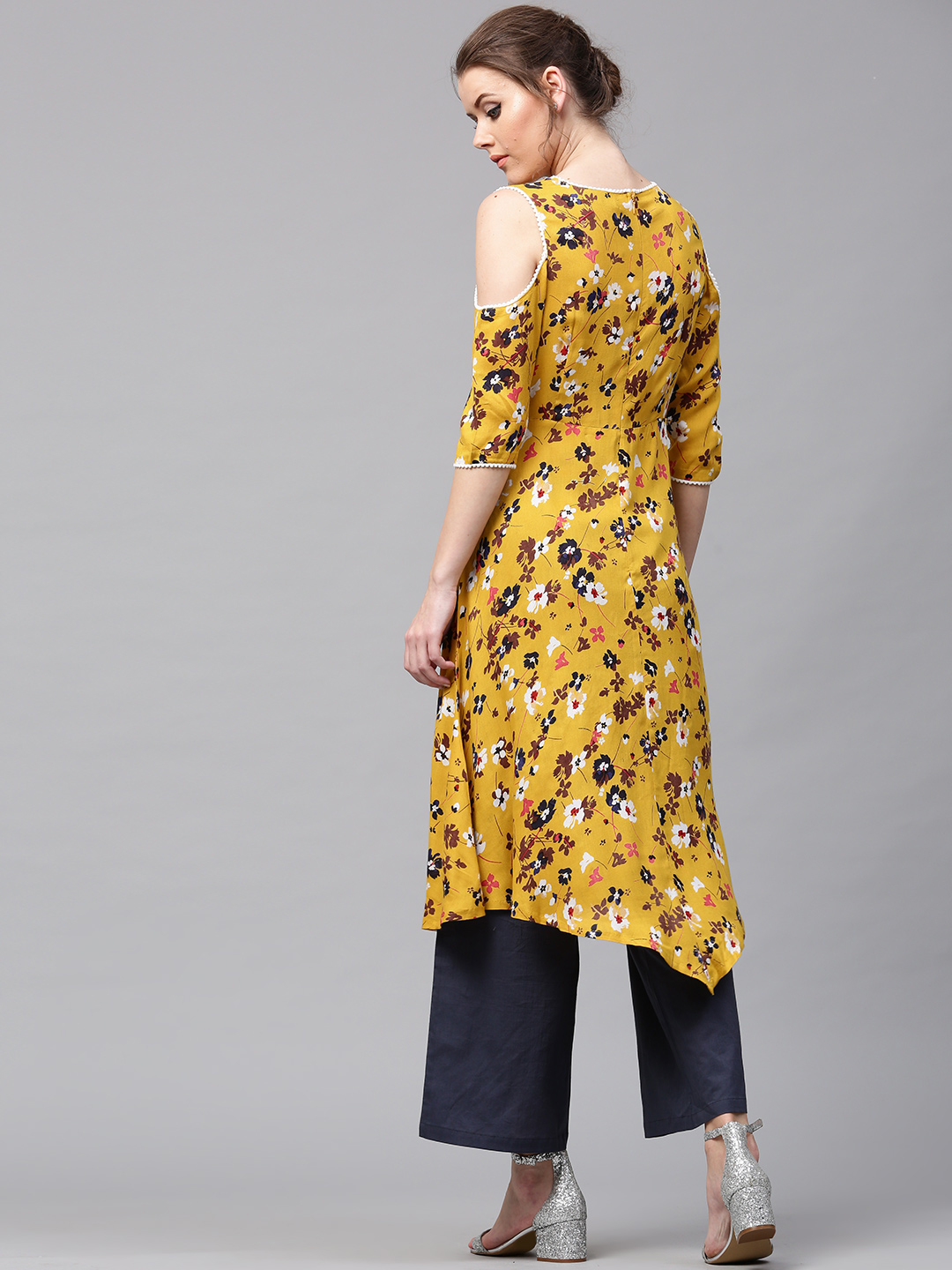 Mustard Floral Handkerchief Hem Kurta - Rayon, Calf Length, 3/4th Sleeves, Fit And Flare, Side Zipper, Unlined, Asymmetrical Hemline, Contrast Lace Piping