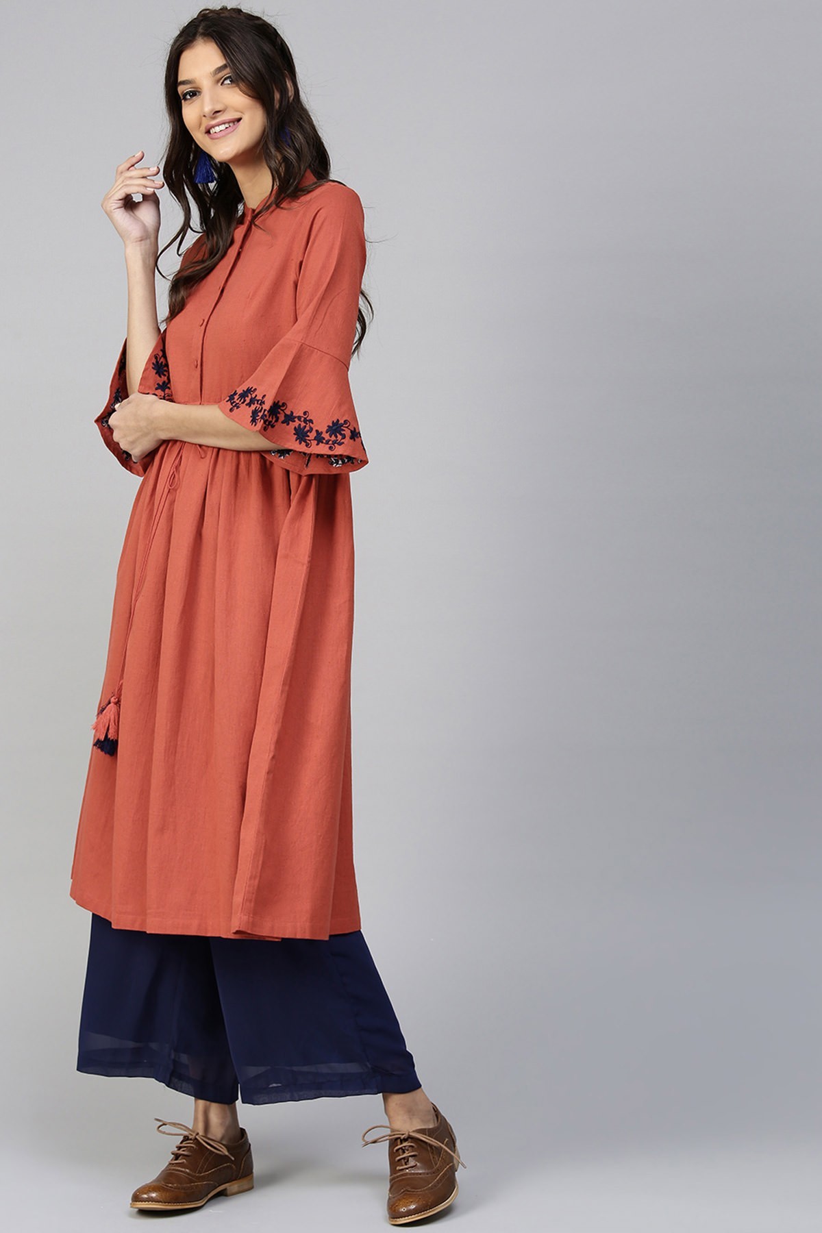 Rust Drawstring Emb Bell Sleeves Kurta Bust Size: Standard Bust Size: Xs-31