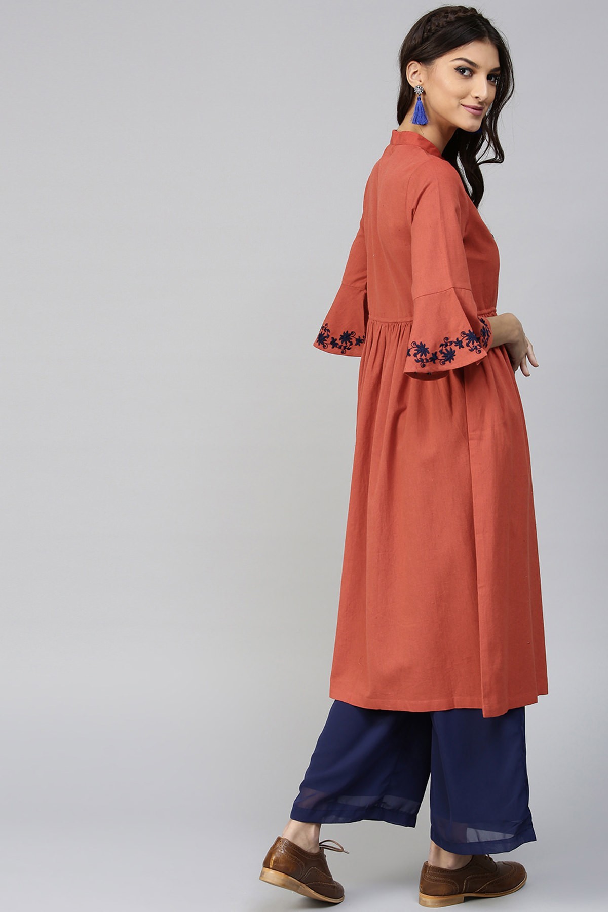 Rust Drawstring Emb Bell Sleeves Kurta Bust Size: Standard Bust Size: Xs-31