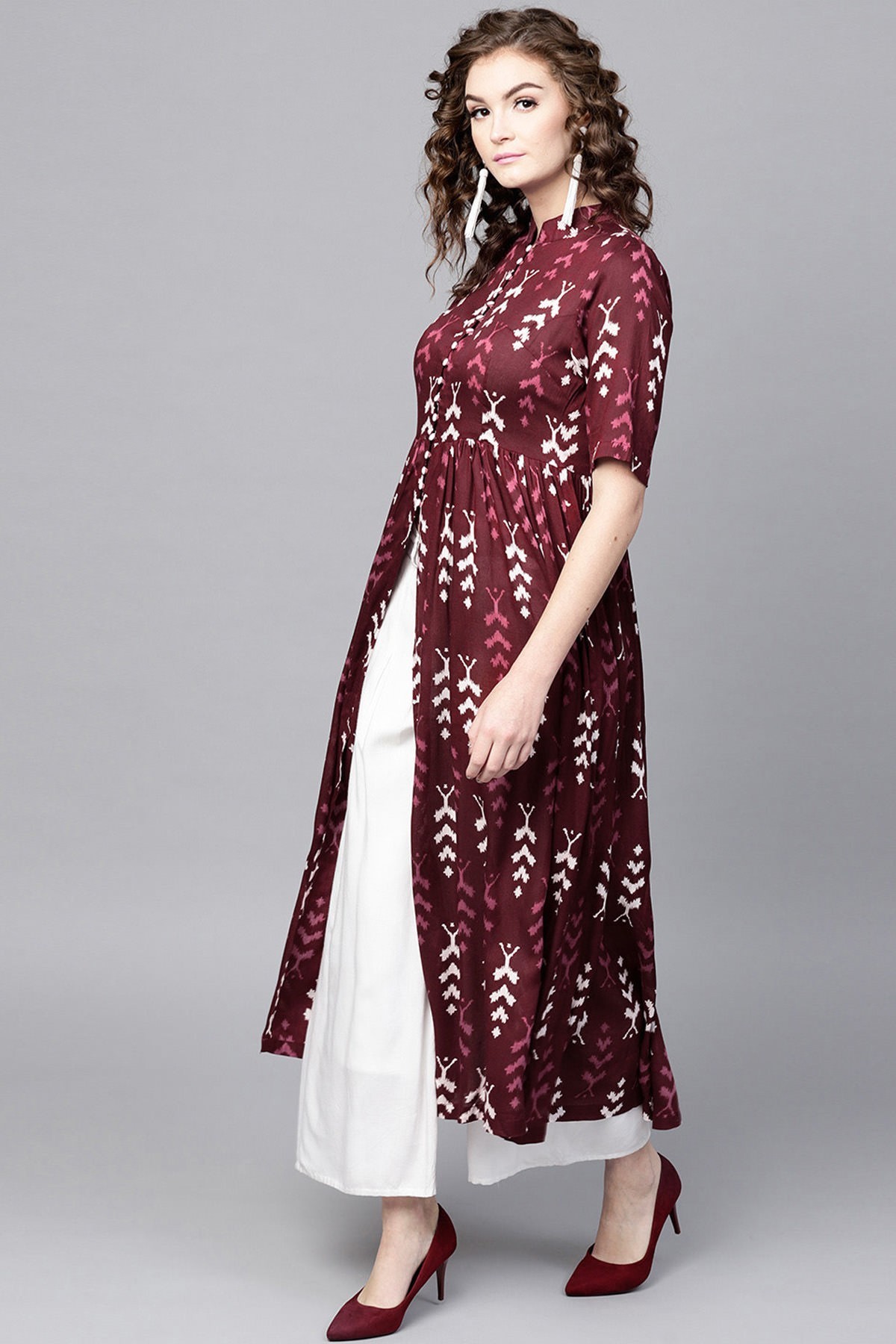 Maroon Ikat Front Open Shirt Kurta Bust Size: Standard Bust Size: Xs-31