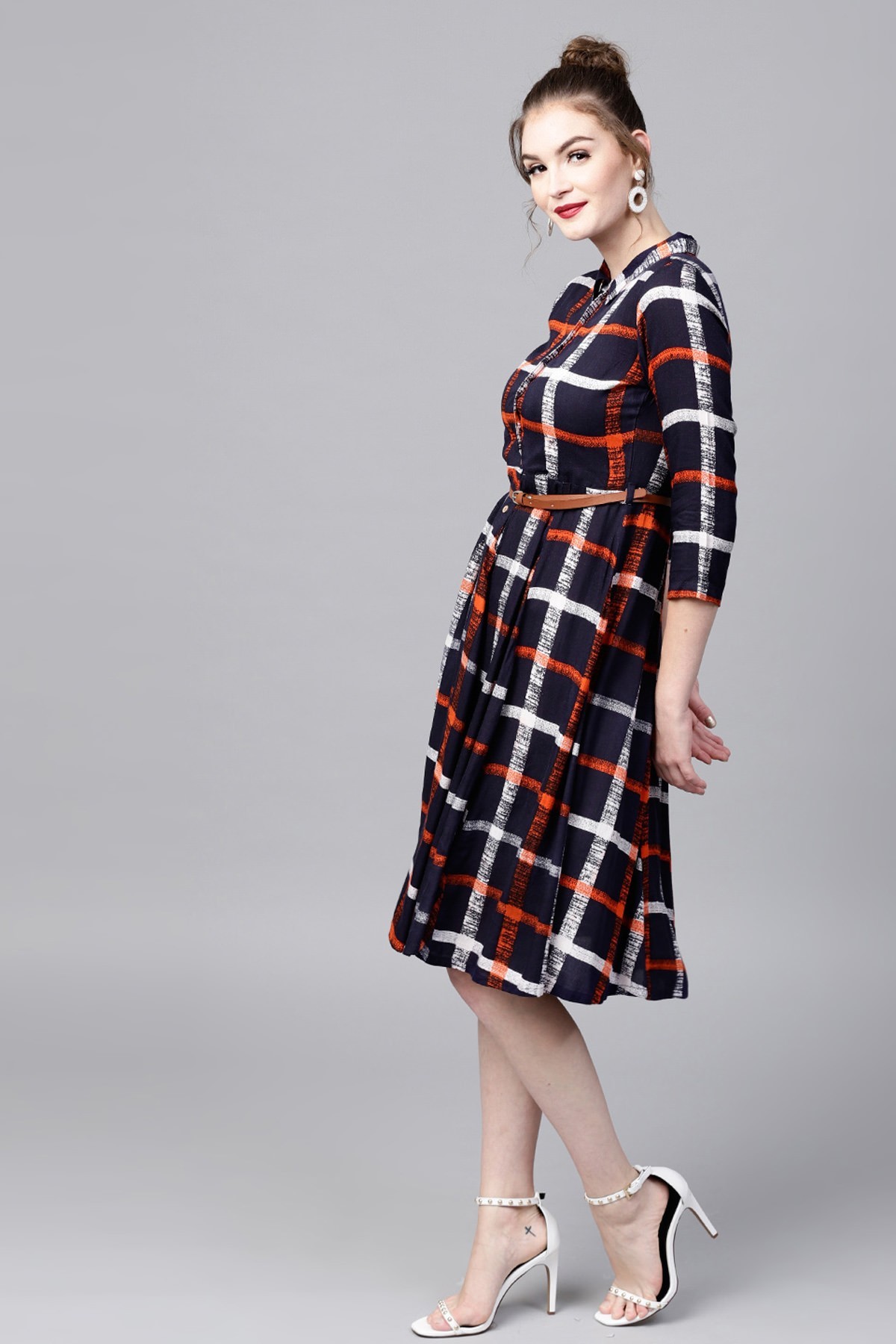 Navy Check Shirt Ethnic Belted Dress - 100% Rayon Fabric, Cotton Lining, Knee Length, Size Xs-xxl | 3/4th Sleeves, Fit And Flare Design, Button Closure, Leather Belt