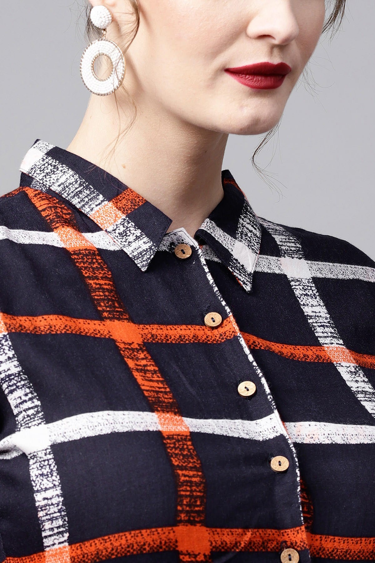 Navy Check Shirt Ethnic Belted Dress - 100% Rayon Fabric, Cotton Lining, Knee Length, Size Xs-xxl | 3/4th Sleeves, Fit And Flare Design, Button Closure, Leather Belt