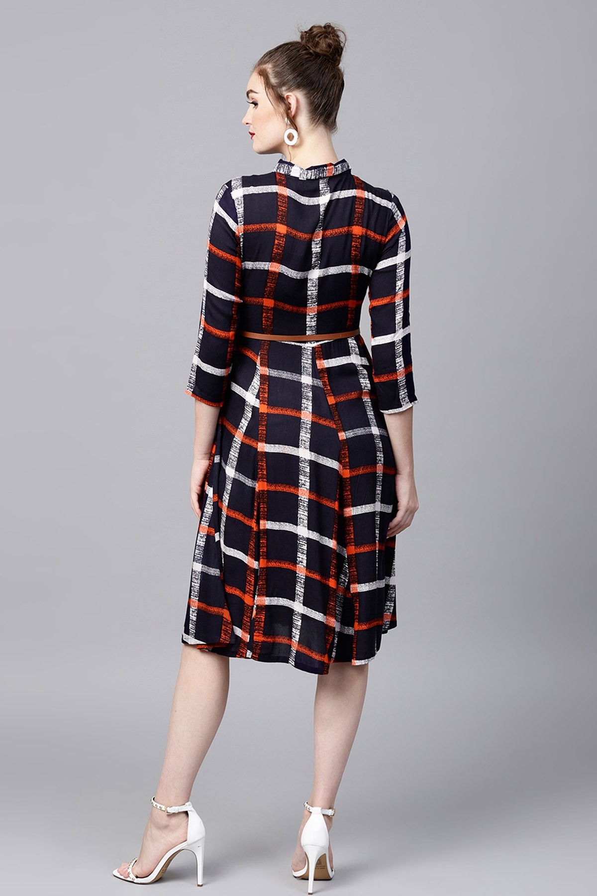 Navy Check Shirt Ethnic Belted Dress - 100% Rayon Fabric, Cotton Lining, Knee Length, Size Xs-xxl | 3/4th Sleeves, Fit And Flare Design, Button Closure, Leather Belt
