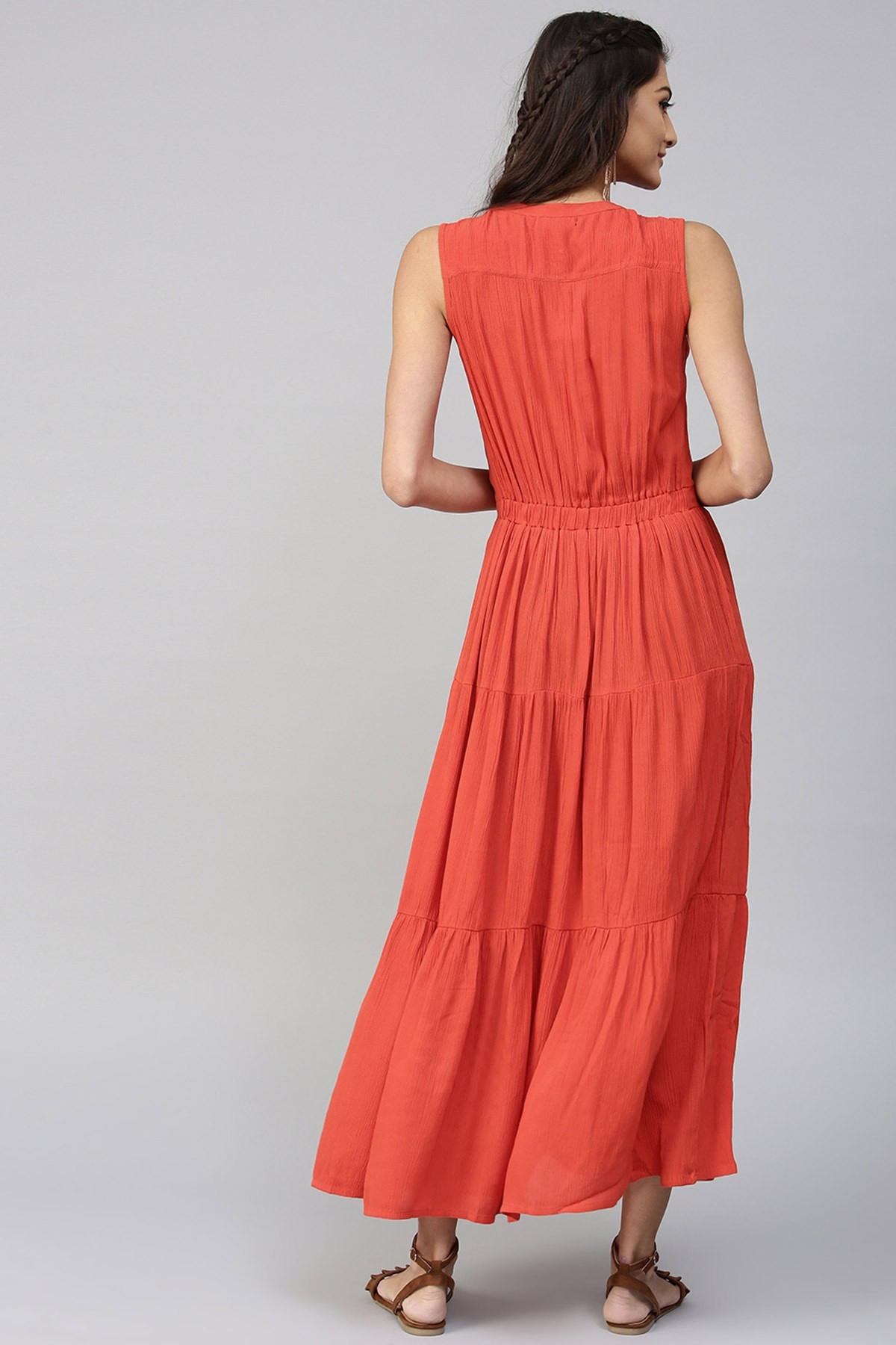 Tiered Front Button Crinkled Rust Maxi Bust Size: Standard Bust Size: Xs-31