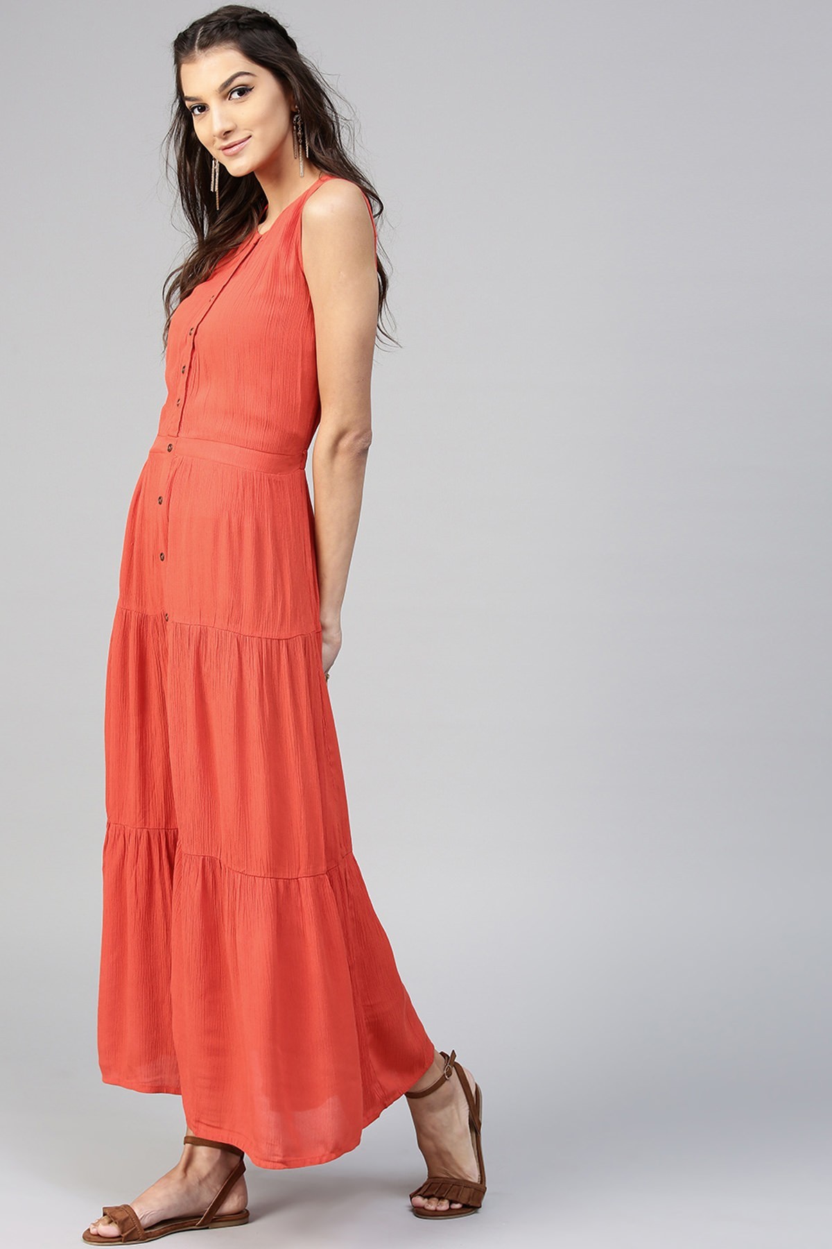 Tiered Front Button Crinkled Rust Maxi Bust Size: Standard Bust Size: Xs-31