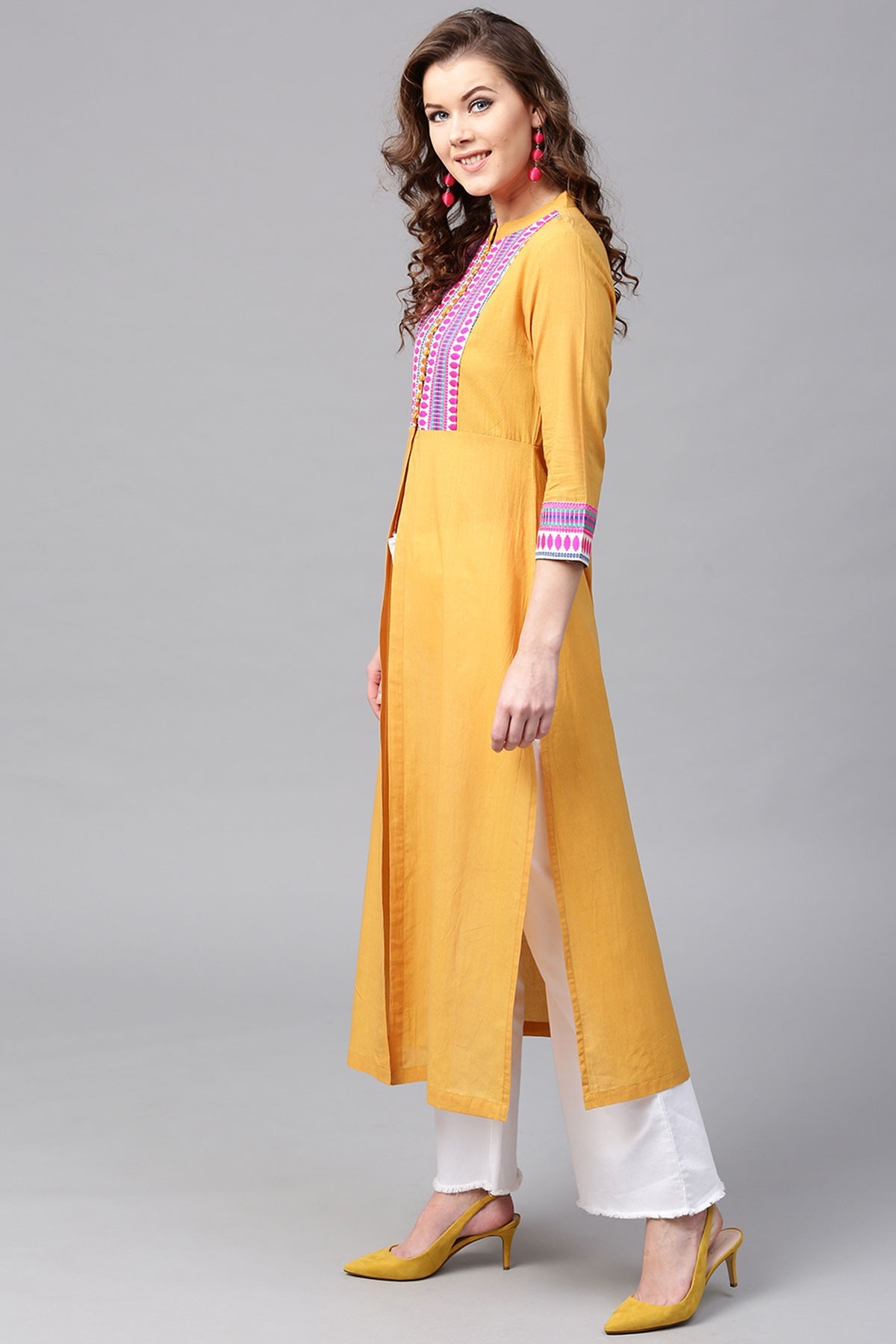 Mustard Jacquard Yoke Straight Kurta - Cotton, Calf Length, 3/4th Sleeves, Button Closure, A Line Hemline, Mandarin Collar, Unlined | Casual Style, Front Slit, Available In Multiple Sizes