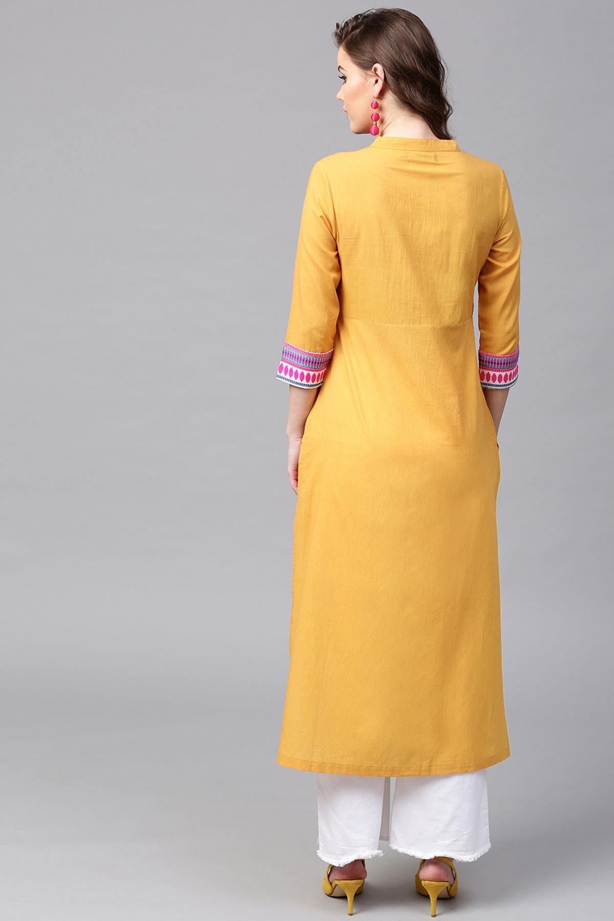 Mustard Jacquard Yoke Straight Kurta - Cotton, Calf Length, 3/4th Sleeves, Button Closure, A Line Hemline, Mandarin Collar, Unlined | Casual Style, Front Slit, Available In Multiple Sizes