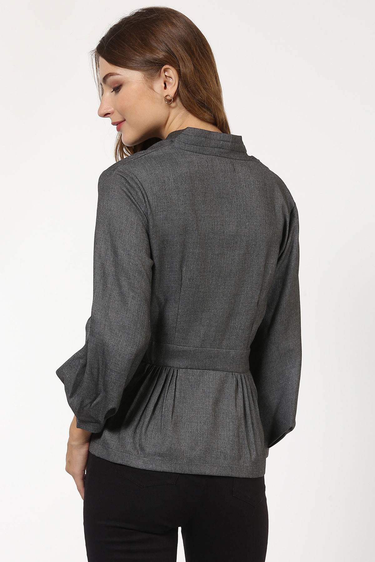 Grey Cotton Twill Peplum Balloon Sleeve Blazer - V-neck, 3/4th Sleeves, Slim Fit, Unlined, Button Closure, Flared Hemline