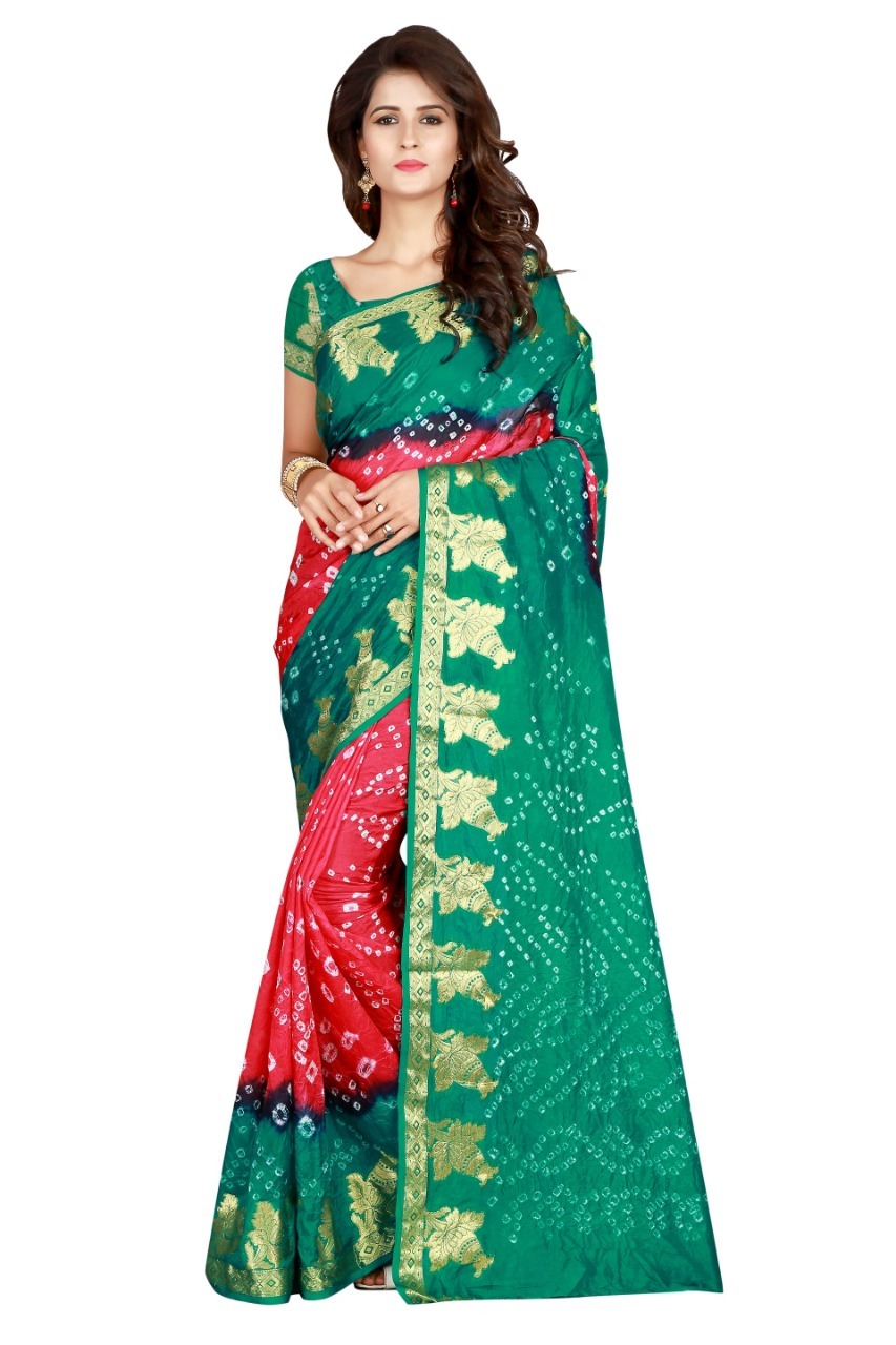 Bandhani Printed Saree - Art Silk, Length 5.5 Mtr, Blouse Length 0.8 Mtr | Vibrant Colors: Blue, Pink, Black, Purple, Red, Green, Stylish Printed Pattern