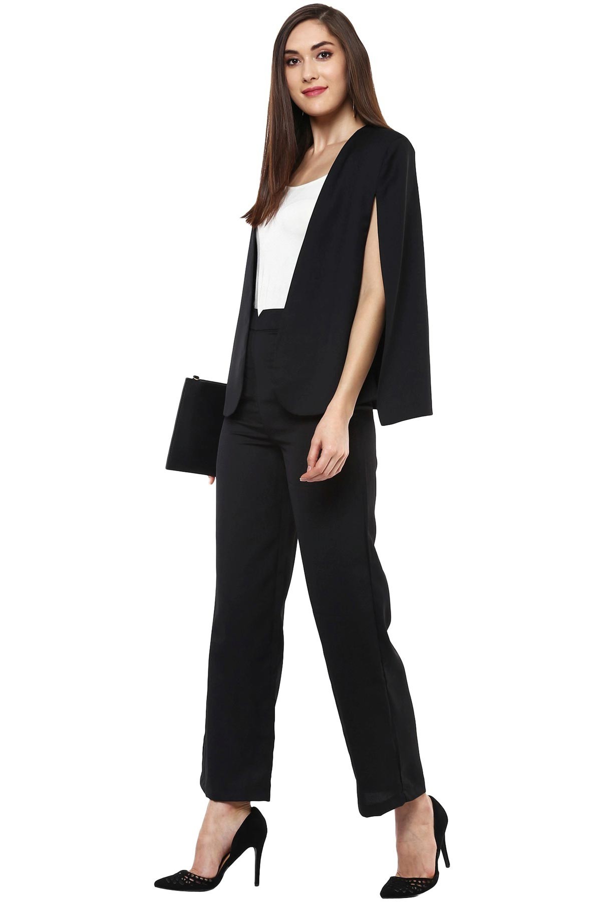 Black Cape Jacket - 100% Polyester, Regular Length, Solid Black Color, Sleeveless Comfort Fit, Hook And Eye Closure, Straight Hemline, Cape Back Design