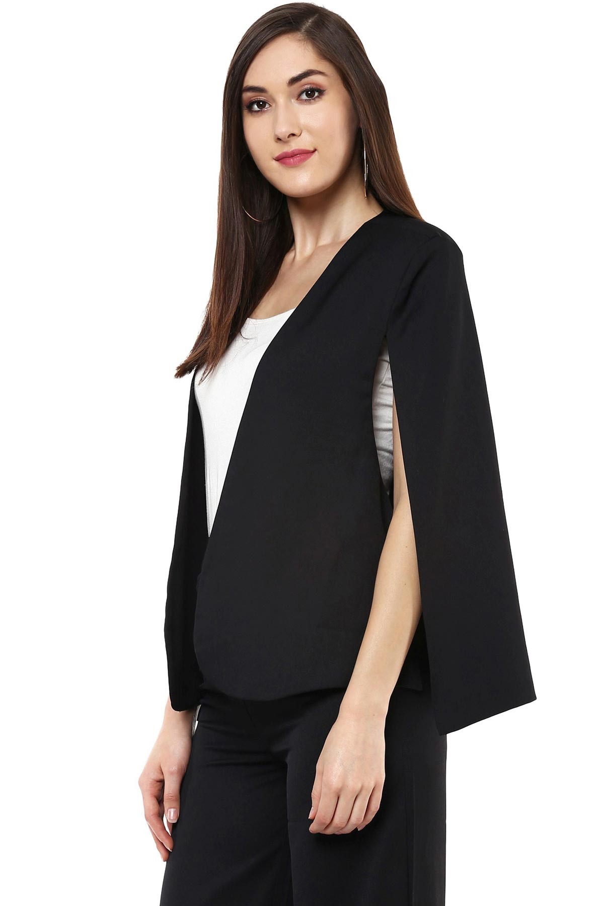 Black Cape Jacket - 100% Polyester, Regular Length, Solid Black Color, Sleeveless Comfort Fit, Hook And Eye Closure, Straight Hemline, Cape Back Design