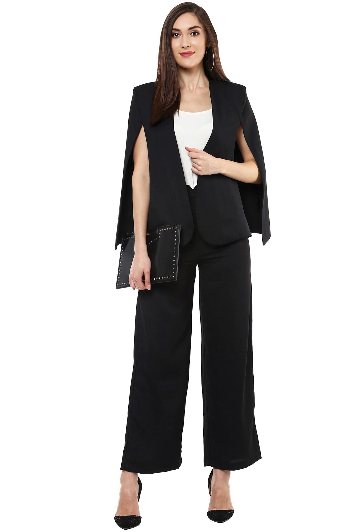Black Cape Jacket - 100% Polyester, Regular Length, Solid Black Color, Sleeveless Comfort Fit, Hook And Eye Closure, Straight Hemline, Cape Back Design