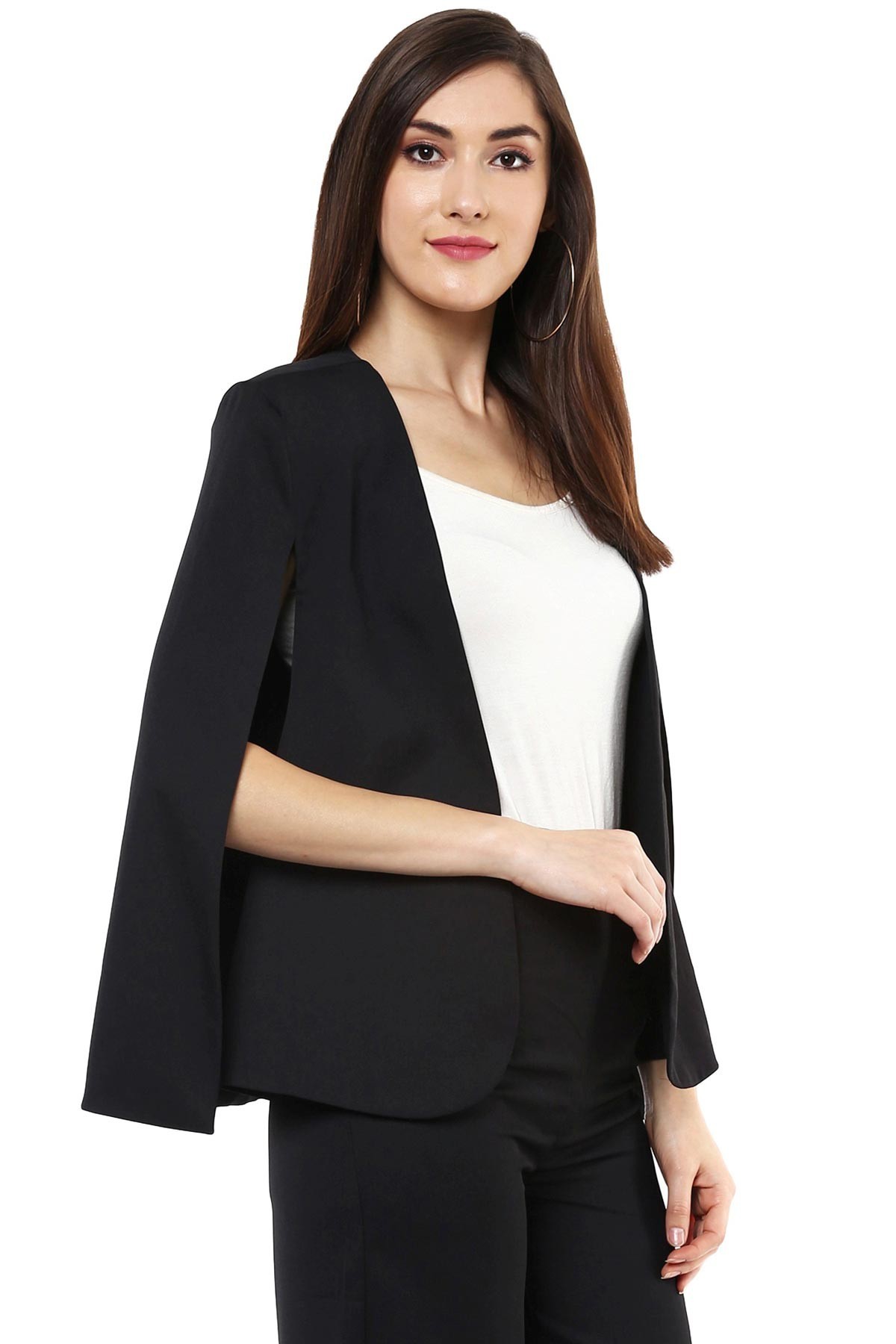 Black Cape Jacket - 100% Polyester, Regular Length, Solid Black Color, Sleeveless Comfort Fit, Hook And Eye Closure, Straight Hemline, Cape Back Design
