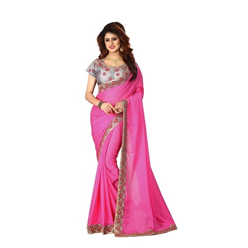 Yellow Designer Chiffon Saree With Golden Lace