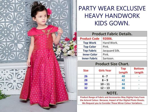 Kids Party Wear - Silk Fabric, Multiple Sizes | Pink Color, Floor Length, Half Sleeves, Handwork Detailing