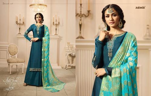 Designer Straight Cut Salwar Suit - Satin Georgette Top, Santoon Bottom, Jacquard Dupatta | Pink, Embroidered, XXL, Full Sleeves, Washable, Warranty Included