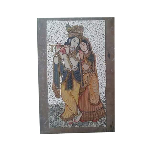 Marble Mosaic Murals - Natural Stone, Hand-Crafted Design, Intricate Radha Krishna Artwork, Elegant Brown Finish, Wipe Clean Feature