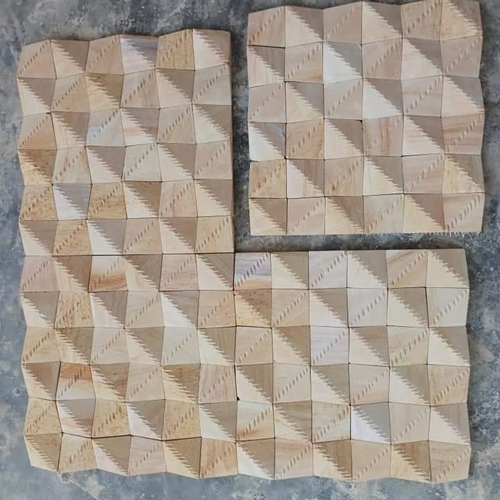 Teak Wood Wall Cladding - 2mm Crystallized Glass and Sandstone Tile, Brushed Finish with Curved Design