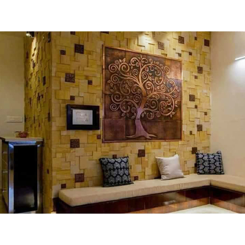 Sand Stone and Copper Metal Mix Mosaic Tiles - Metal Tiles, Square Edge Design, Polished Finish | Acid-Resistant, Firebrick, Heat Insulation, Interior Wall Application, Brown/Gold Colors
