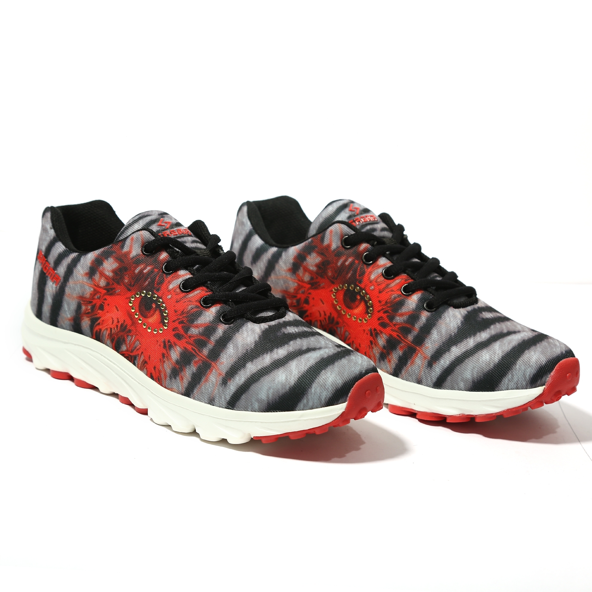 Ladies Running Shoes - Mesh Fabric, Pvc And Rubber Materials | Lightweight, Breathable, Shock Absorption, Lace-up, Stylish Zebra Pattern, Available In Grey And Red