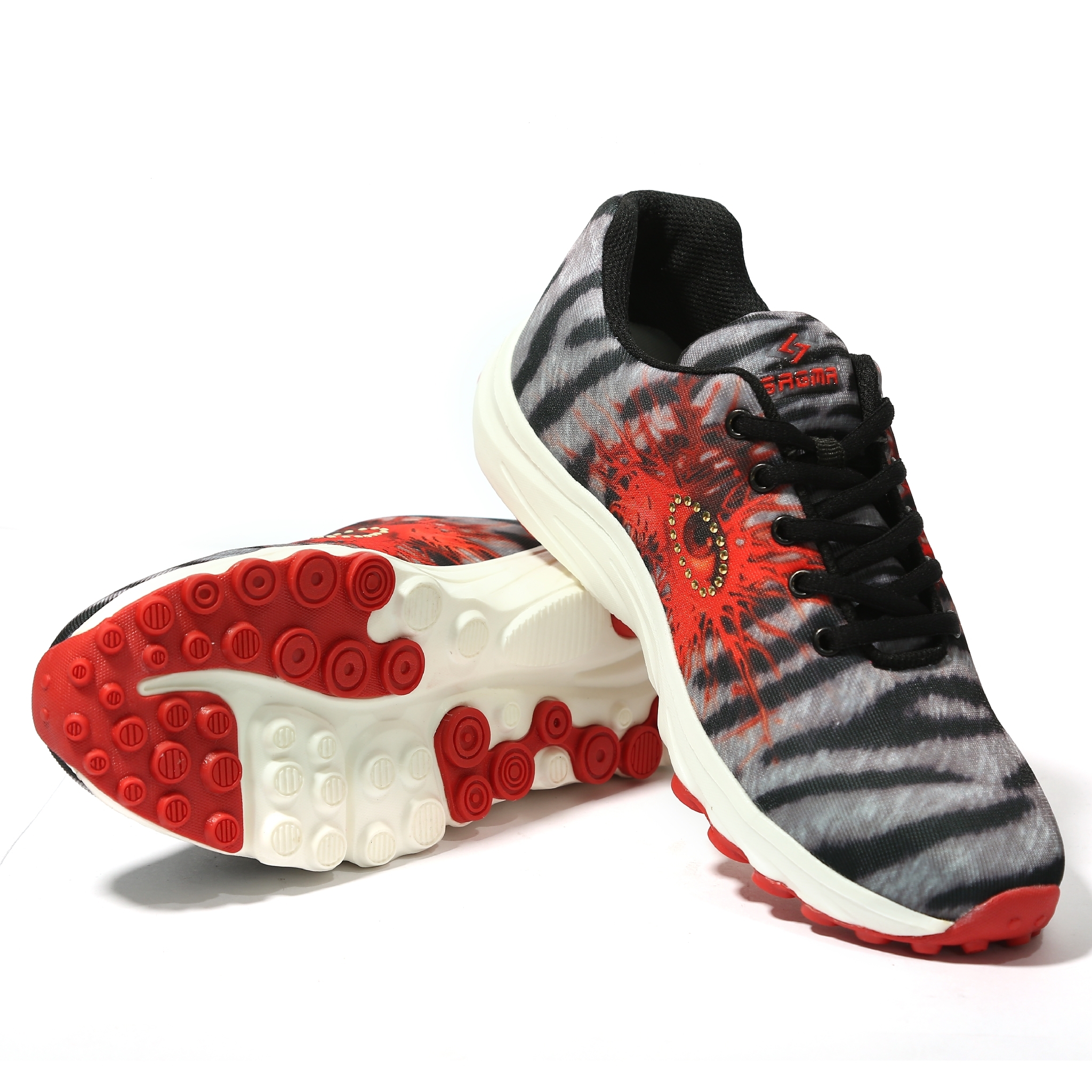 Ladies Running Shoes - Mesh Fabric, Pvc And Rubber Materials | Lightweight, Breathable, Shock Absorption, Lace-up, Stylish Zebra Pattern, Available In Grey And Red
