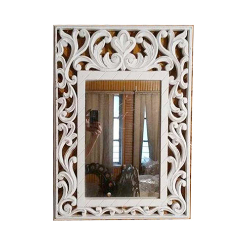 Wall Mirror Frames - Wood Material, Rectangular Shape, Various Sizes Available, Polished Finish, Elegant White Design with Artistic Embroidery 