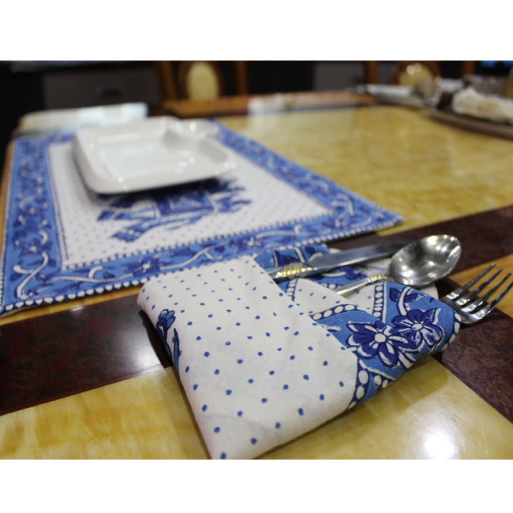 Blue / White Block Printed Dinner Table Napkin & Mat Set