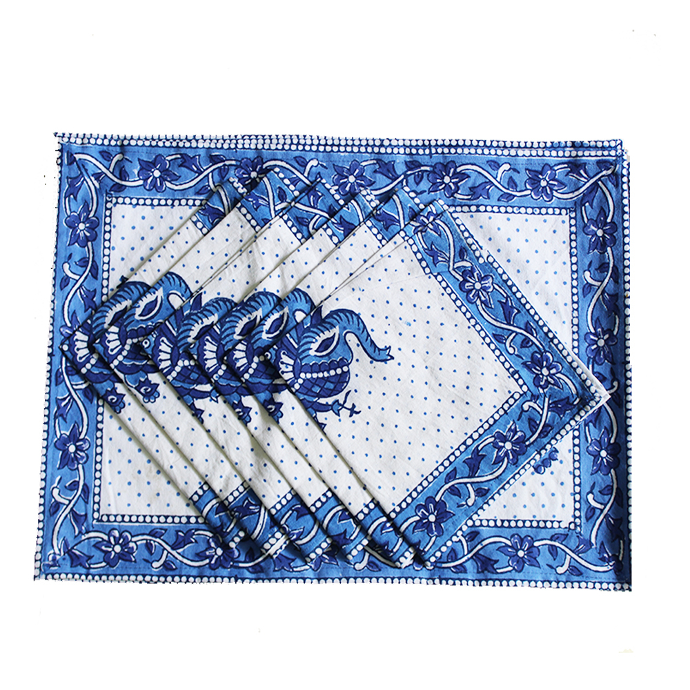 Blue / White Block Printed Dinner Table Napkin & Mat Set