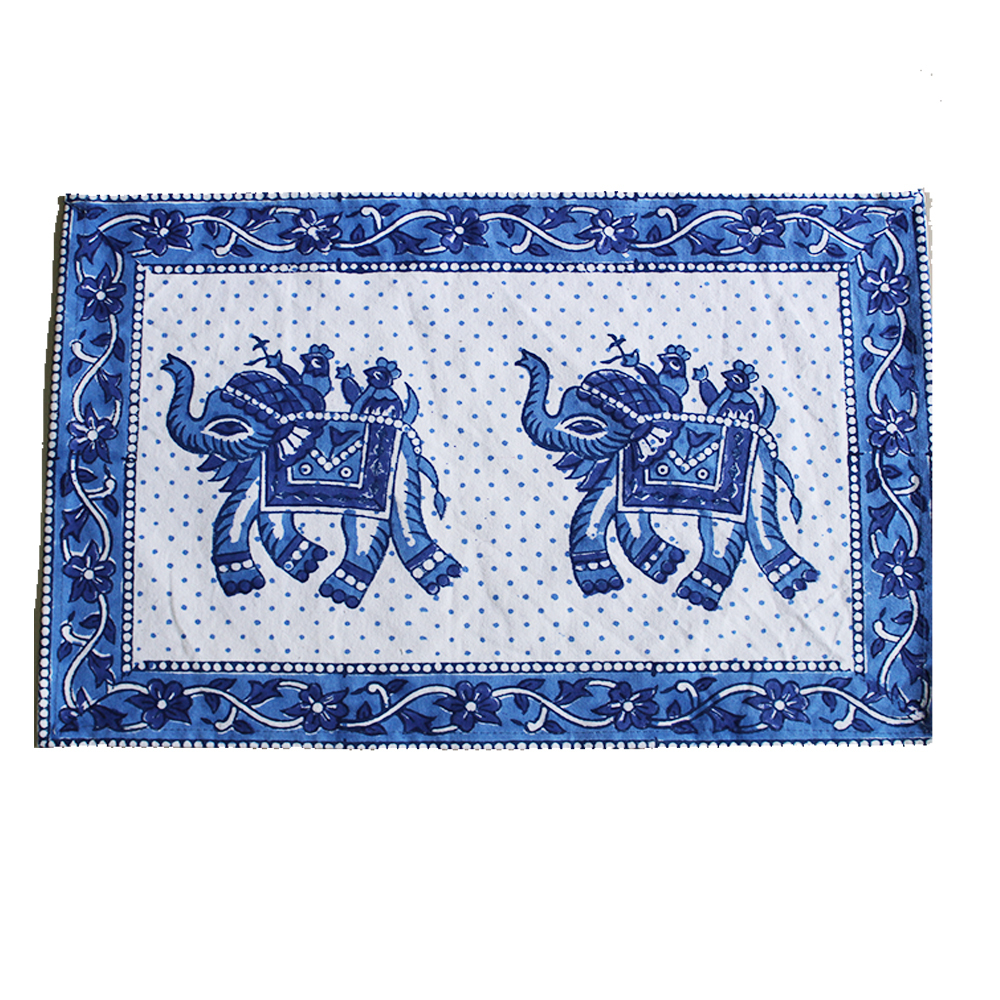 Blue / White Block Printed Dinner Table Napkin & Mat Set