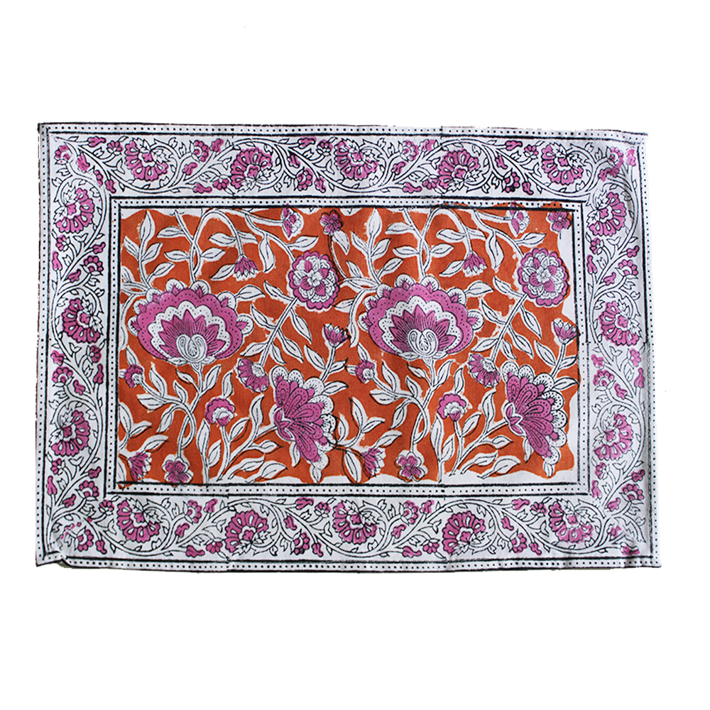 Orange / Pink / White Cotton Handmade Block Printed Table Mat