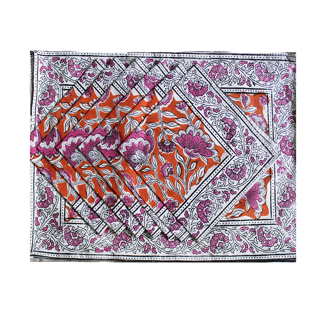 Orange / Pink / White Cotton Handmade Block Printed Table Mat