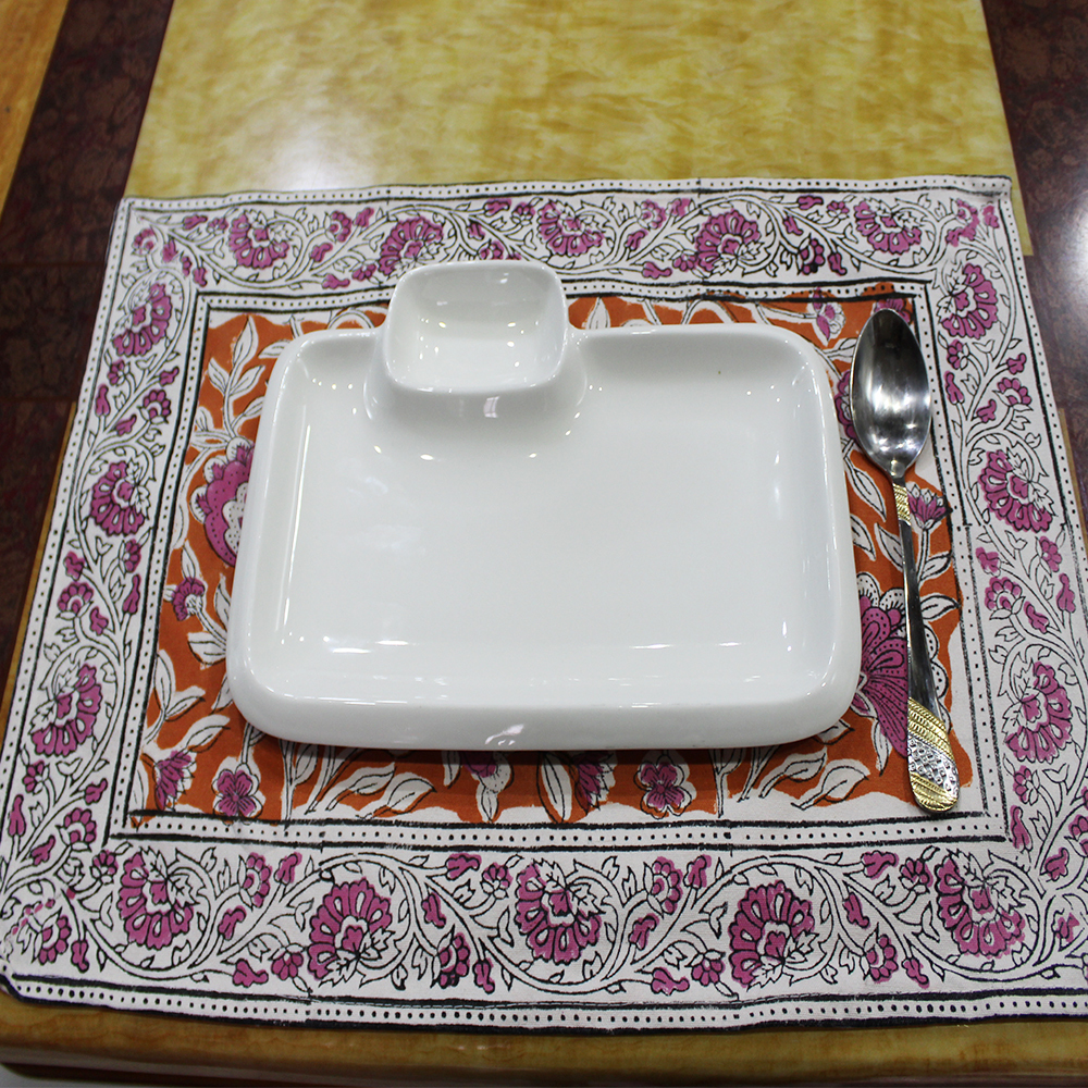 Orange / Pink / White Cotton Handmade Block Printed Table Mat