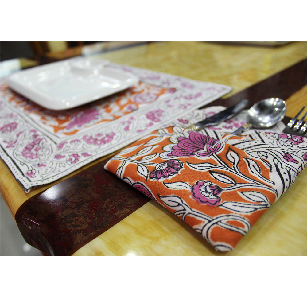 Orange / Pink / White Cotton Handmade Block Printed Table Mat