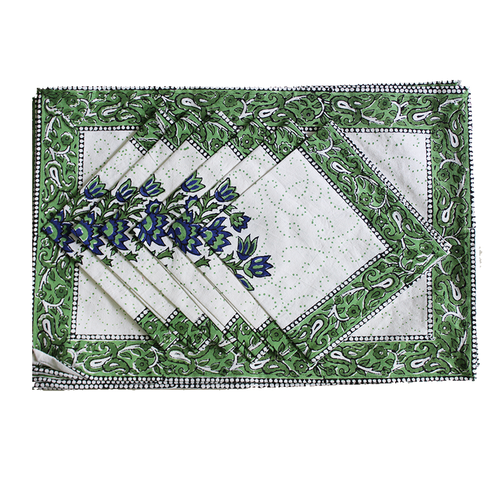 Block Print Table Mats - 100% Cotton, 19x13 Inches Rectangle In Green/white | Quick Drying, Washable, Handmade With Classic Pattern