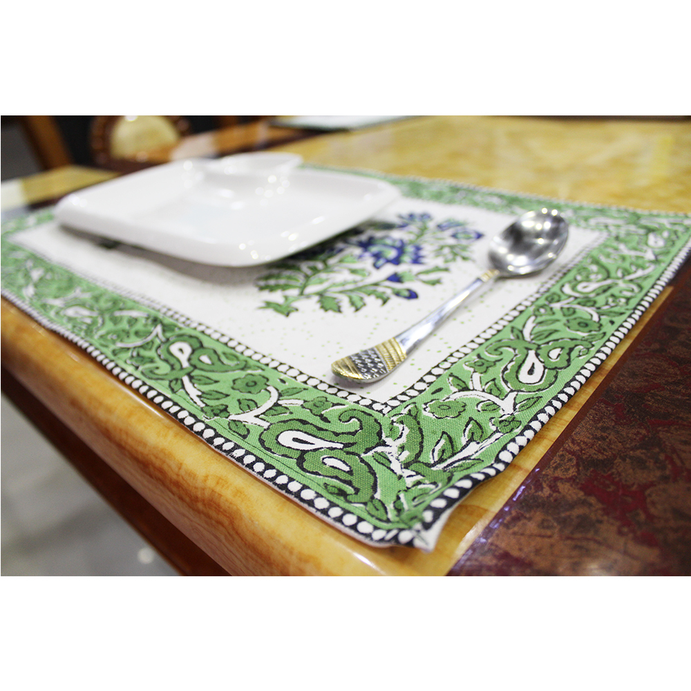 Block Print Table Mats - 100% Cotton, 19x13 Inches Rectangle In Green/white | Quick Drying, Washable, Handmade With Classic Pattern