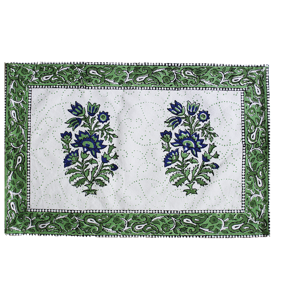 Block Print Table Mats - 100% Cotton, 19x13 Inches Rectangle In Green/white | Quick Drying, Washable, Handmade With Classic Pattern