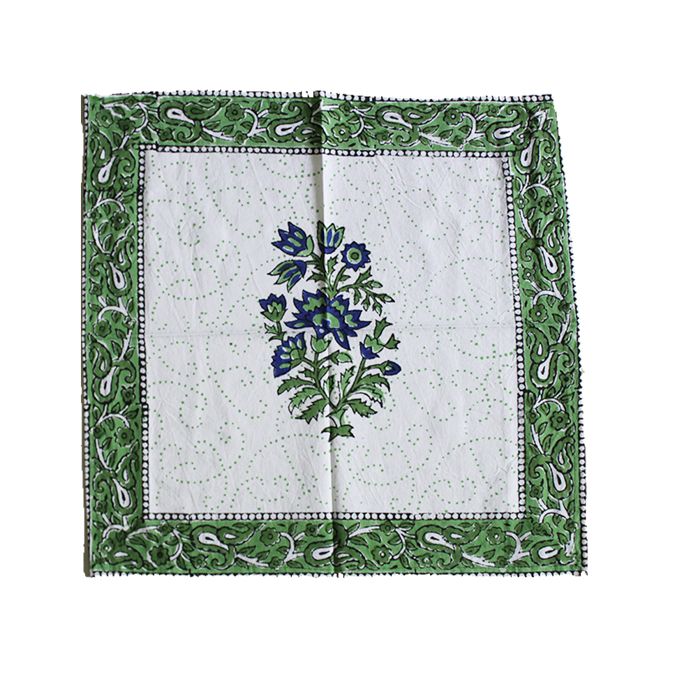 Block Print Table Mats - 100% Cotton, 19x13 Inches Rectangle In Green/white | Quick Drying, Washable, Handmade With Classic Pattern