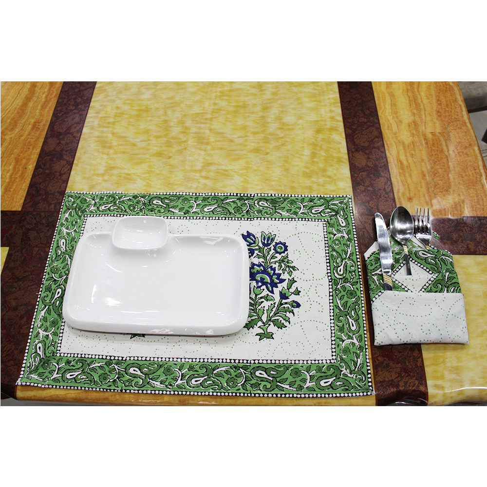 Block Print Table Mats - 100% Cotton, 19x13 Inches Rectangle In Green/white | Quick Drying, Washable, Handmade With Classic Pattern