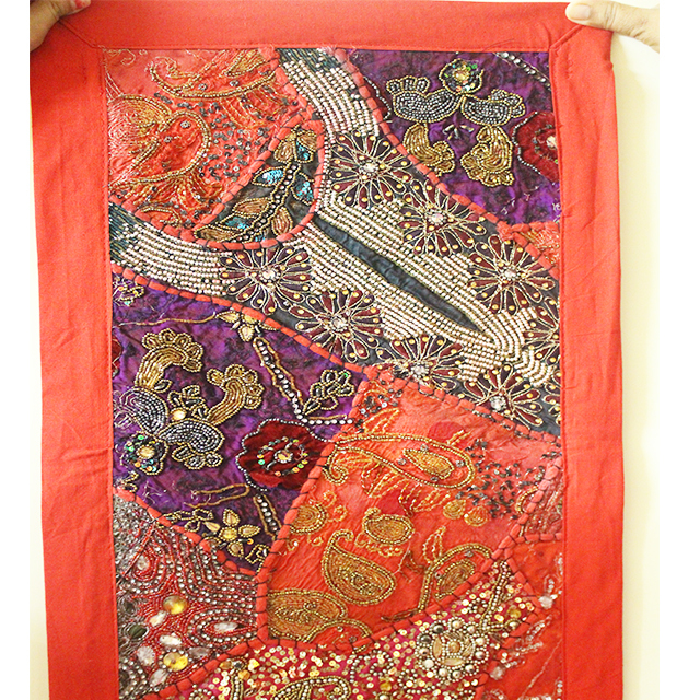Red+  Multi Color Cotton Hand Embroidered Table Runner