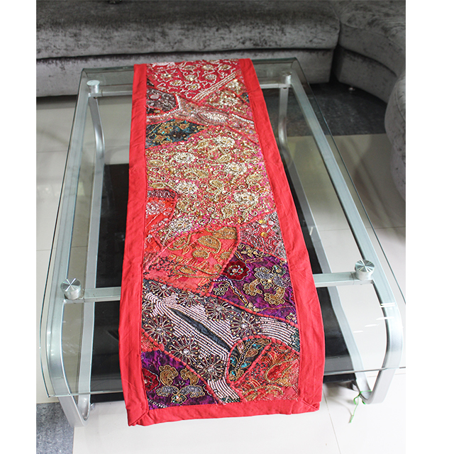 Red+  Multi Color Cotton Hand Embroidered Table Runner